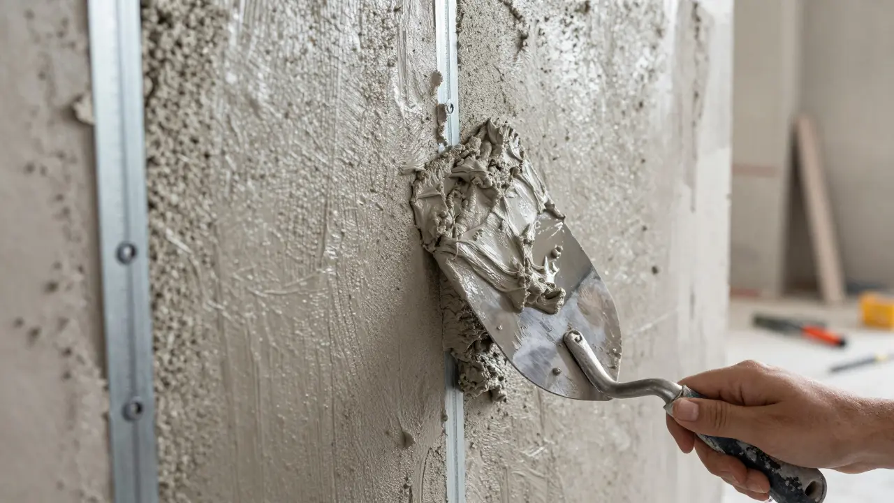 Glätten von grauem Sanierputz mit einer Kelle an einer Kellerwand.