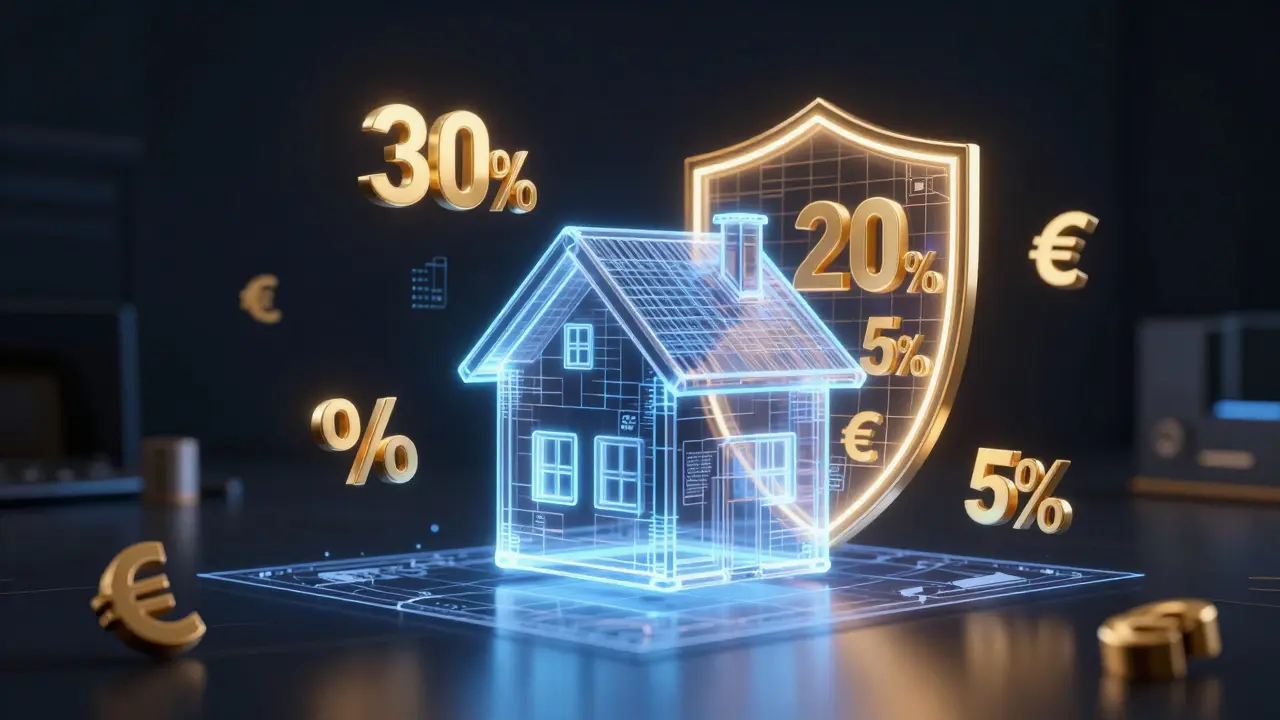 Holografische Darstellung der KfW-Förderboni als goldene Prozentsätze um ein Hausmodell.