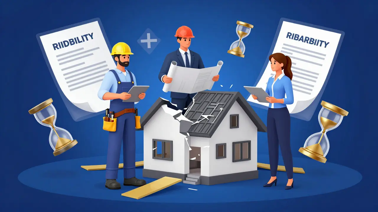 Illustration von Bauunternehmer, Architekt und Bauherr um ein fragmentiertes Hausmodell.