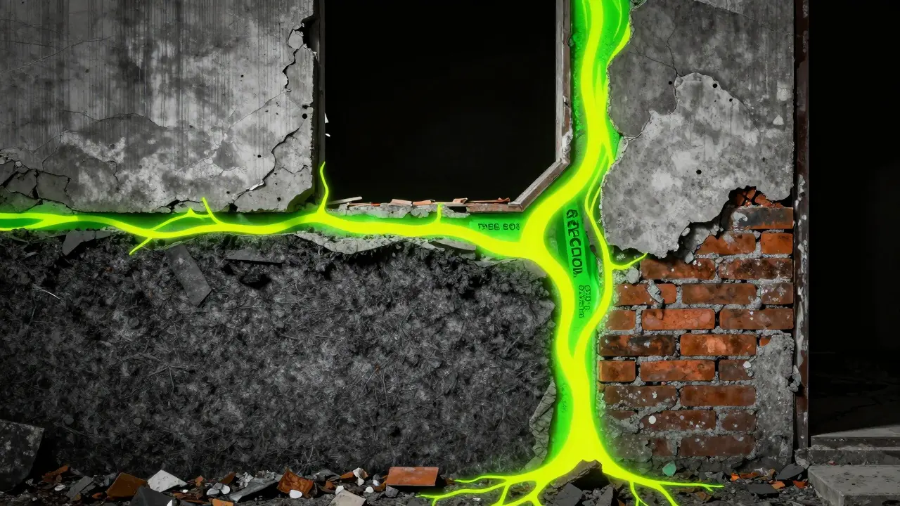 Konzeptionelle Darstellung von Asbest und PCB als giftige Stoffe in Hauswänden.