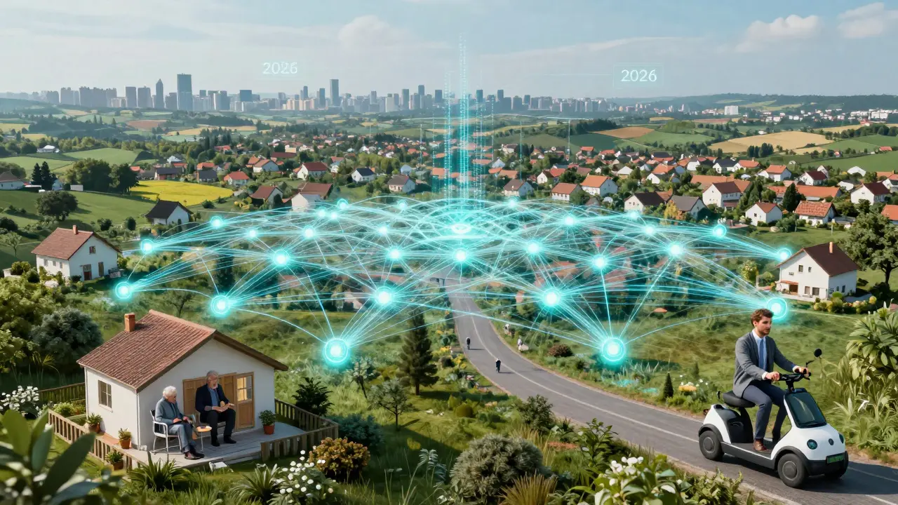 Konzeptuelle Darstellung digitaler Vernetzung zwischen ländlichen Regionen und Städten.