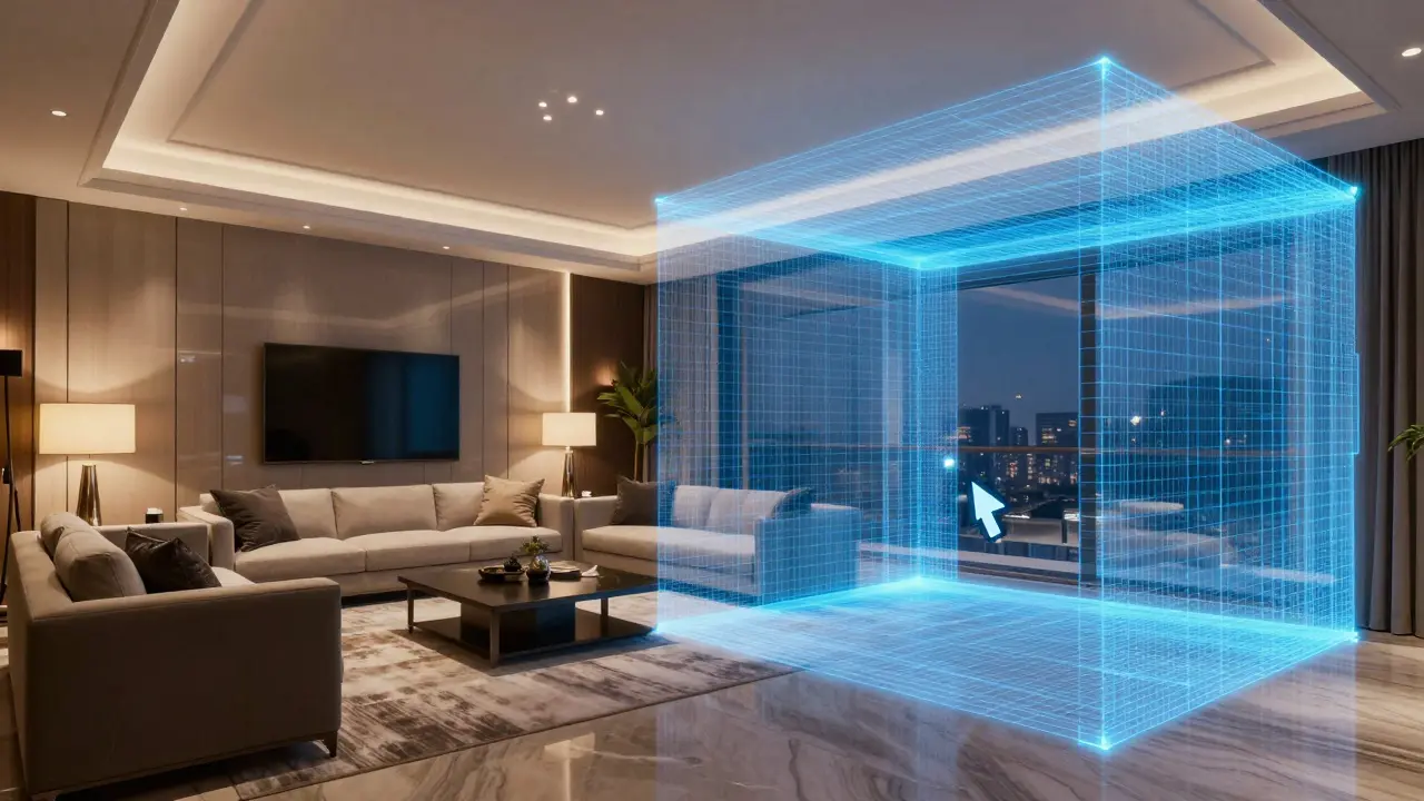 Konzeptuelle Darstellung einer interaktiven 3D-Immobilientour mit digitalem Drahtgittermodell.