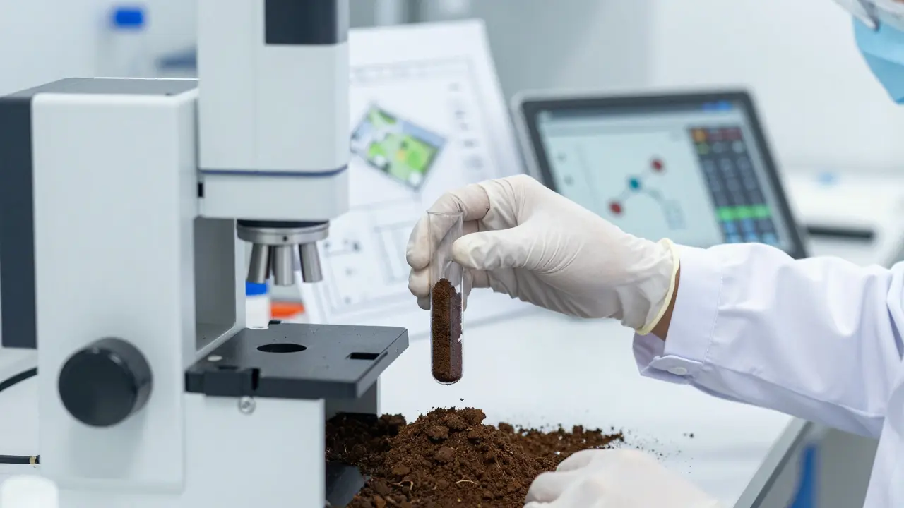 Laboruntersuchung einer Bodenprobe zur Analyse von Schadstoffen im Grundstück.