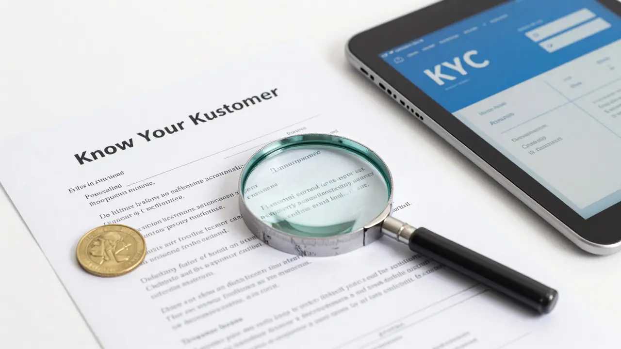 Lupe über Dokumenten und Bankdaten zur Illustration der KYC-Prüfung.