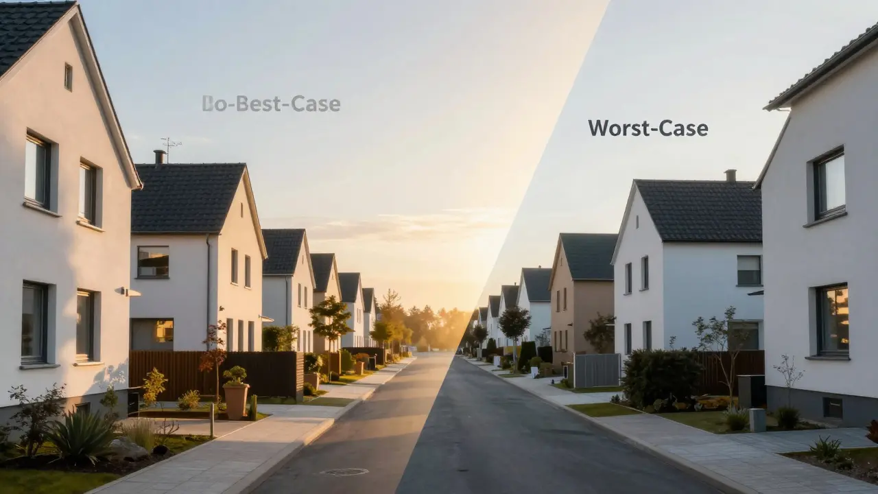 Moderne deutsche Wohnstraße mit kontrastreicher Beleuchtung zur Symbolisierung regionaler Kostenunterschiede.