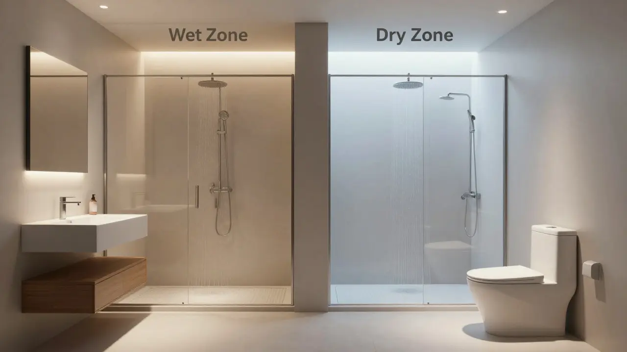 Modernes Badezimmer mit klar getrennter Nass- und Trockenzone für optimale Raumnutzung.