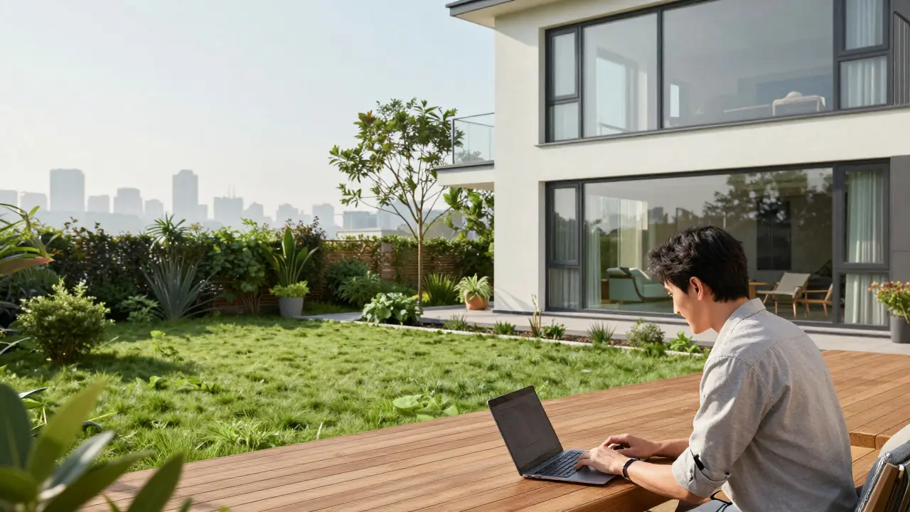 Modernes Einfamilienhaus im Speckgürtel mit Homeoffice-Arbeitsplatz und Blick auf die Stadt.