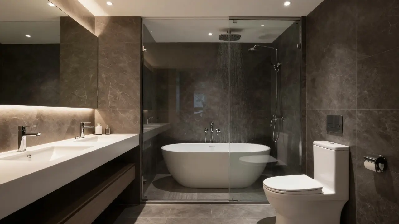 Modernes Zwei-Zonen-Bad mit klarer Trennung zwischen Trockenbereich und Nasszelle.