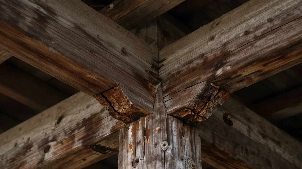 Nahaufnahme eines gefährlichen Risses in einem alten Holzbalken am Dachstuhl.