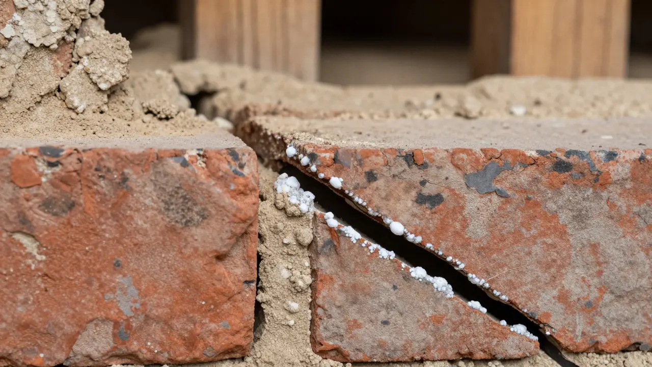 Nahaufnahme eines Risses im Mauerwerk mit weißen Salzausblühungen am Rand.