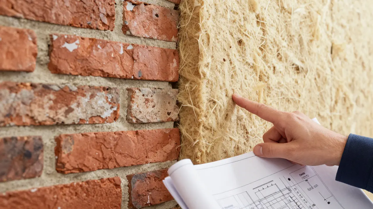 Nahaufnahme von ökologischen Dämmstoffen wie Hanf an einer historischen Ziegelwand.