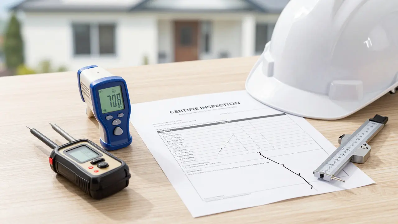 Professionelle Messgeräte eines Bausachverständigen auf einem Tisch