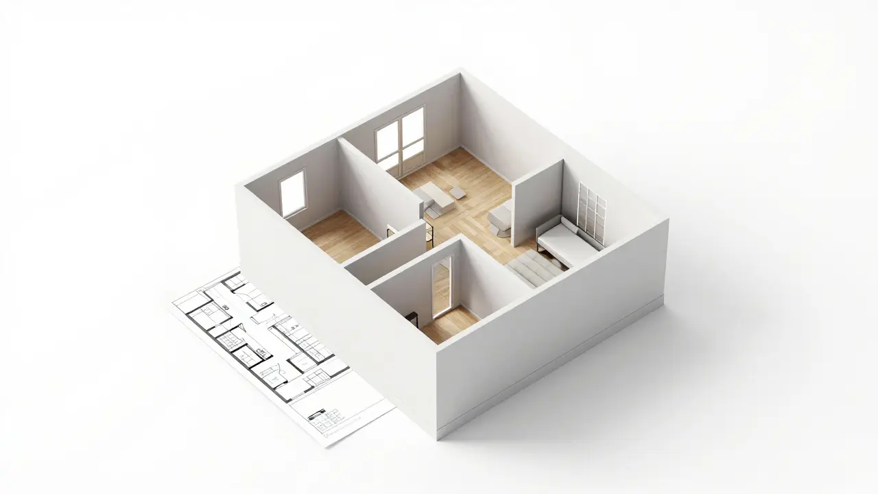 Professioneller 3D-Grundriss einer modernen Wohnung in isometrischer Ansicht.