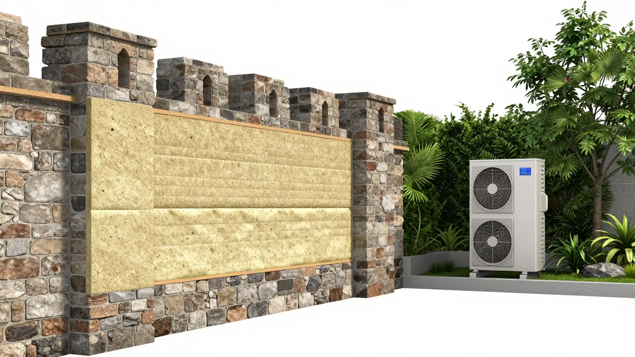 Querschnitt einer historischen Wand mit moderner Innendämmung aus Hanf und Aerogel.