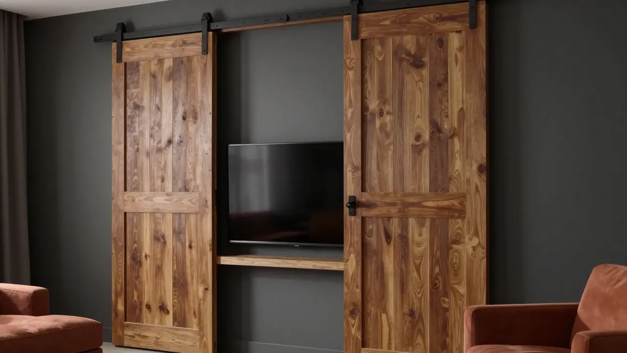 Rustikale Schiebetür aus Holz, die einen Fernseher in einer Wandnische verbirgt.