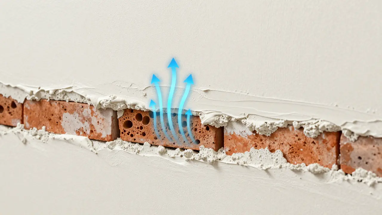 Schematische Darstellung des Schichtaufbaus eines atmungsaktiven Sanierputzes.