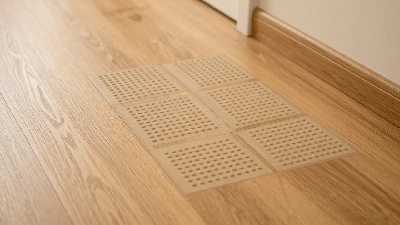 Taktile Bodenindikatoren als kleine quadratische Platten in einem hellen Holzfußboden.