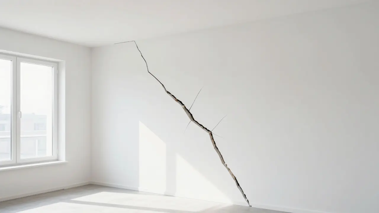 Tiefer diagonaler Riss in der Wand und Decke eines Wohnraums