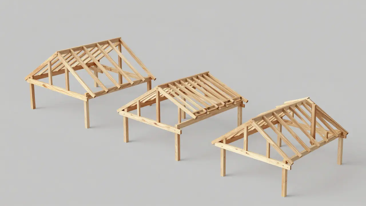 Vergleich der drei Dachstuhl-Typen: Sparren-, Kehlbalken- und Pfettendach als Modelle.