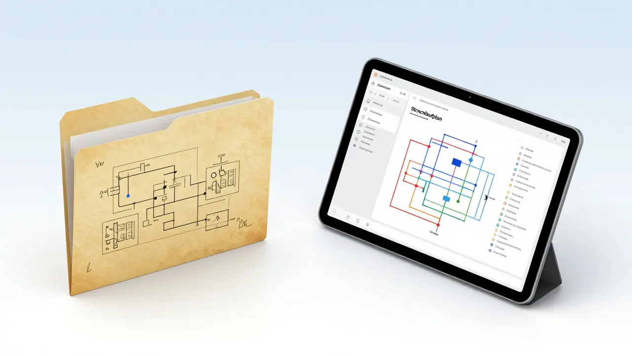 Vergleich zwischen alten Papierplänen und einer modernen digitalen Elektroplanung auf einem Tablet.