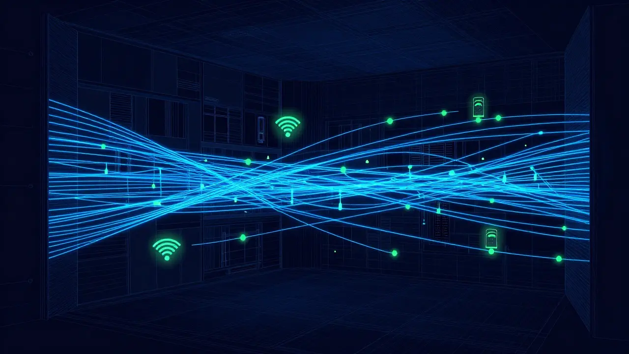 Visualisierung eines Mesh-Netzwerks aus Thread- und Wi-Fi-Verbindungen im Haus.