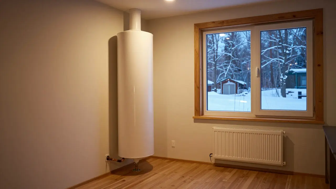 Warmes Wohnzimmer mit moderner Heizungsanlage im Hintergrund