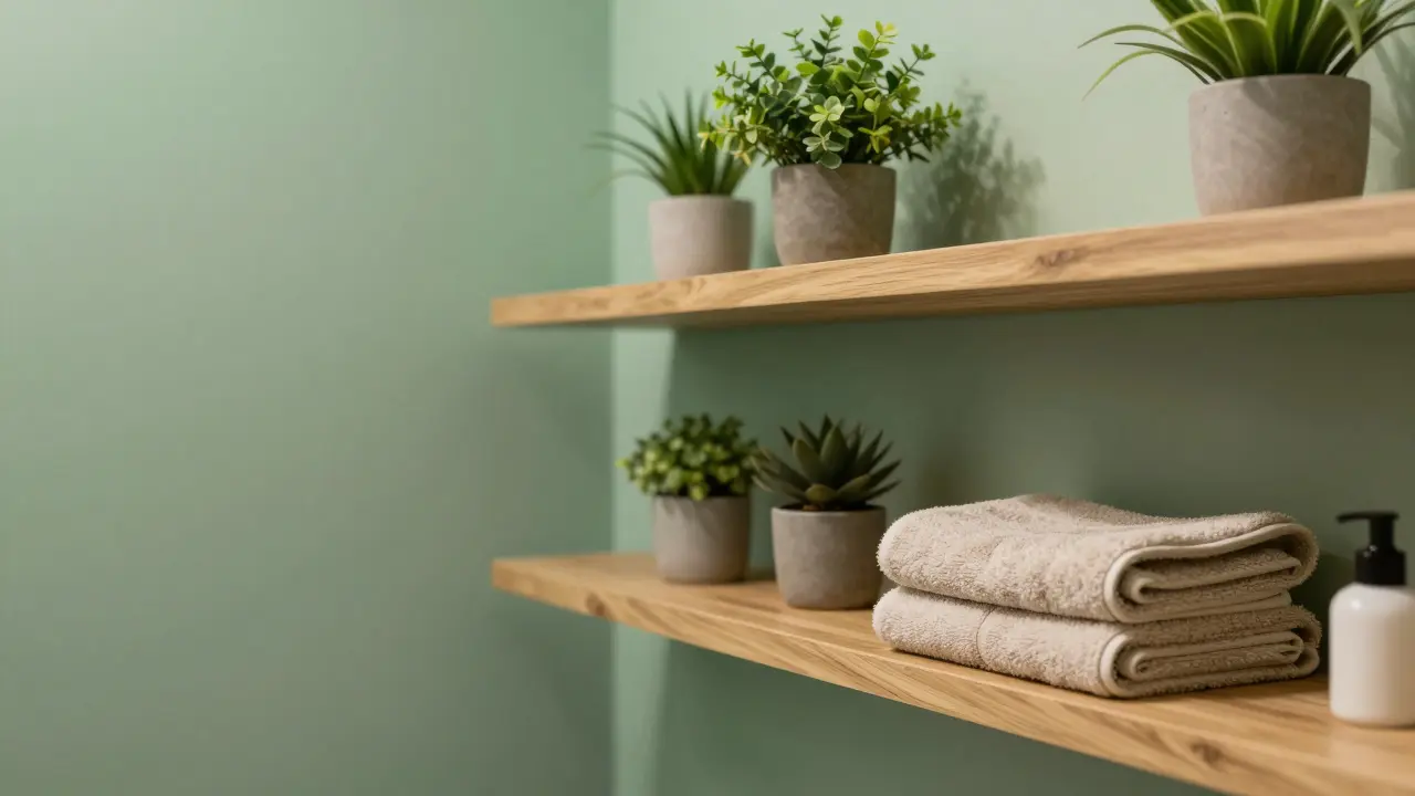 Wellness-Bad mit mintgrünen Akzenten, Holzelementen und beruhigenden Pflanzen.