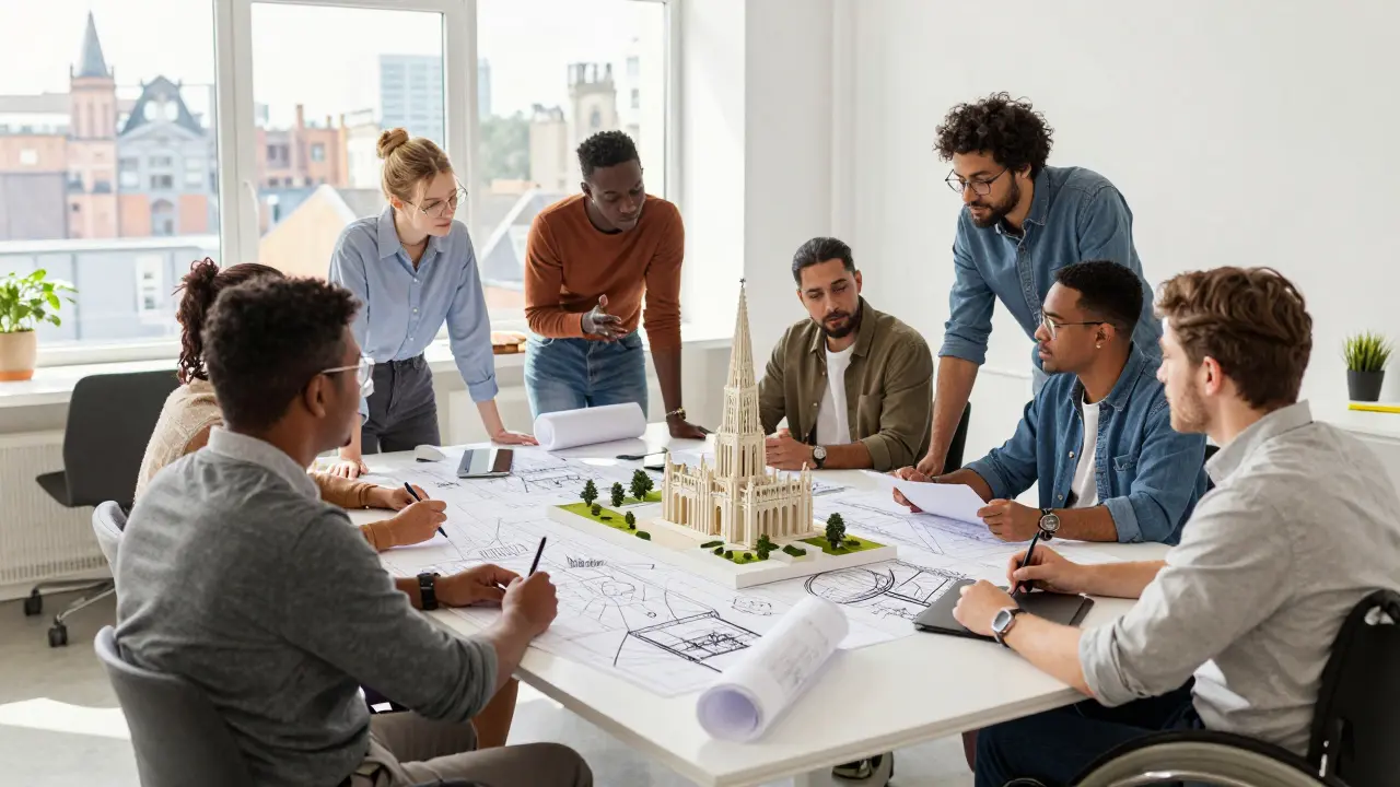 Architekten und Behindertenvertreter planen gemeinsam am Modell