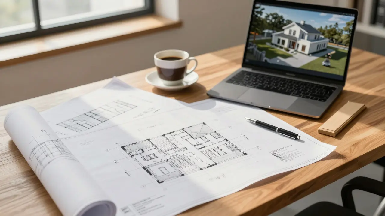 Architektenplan und Unterlagen für einen Bauantrag auf einem Schreibtisch
