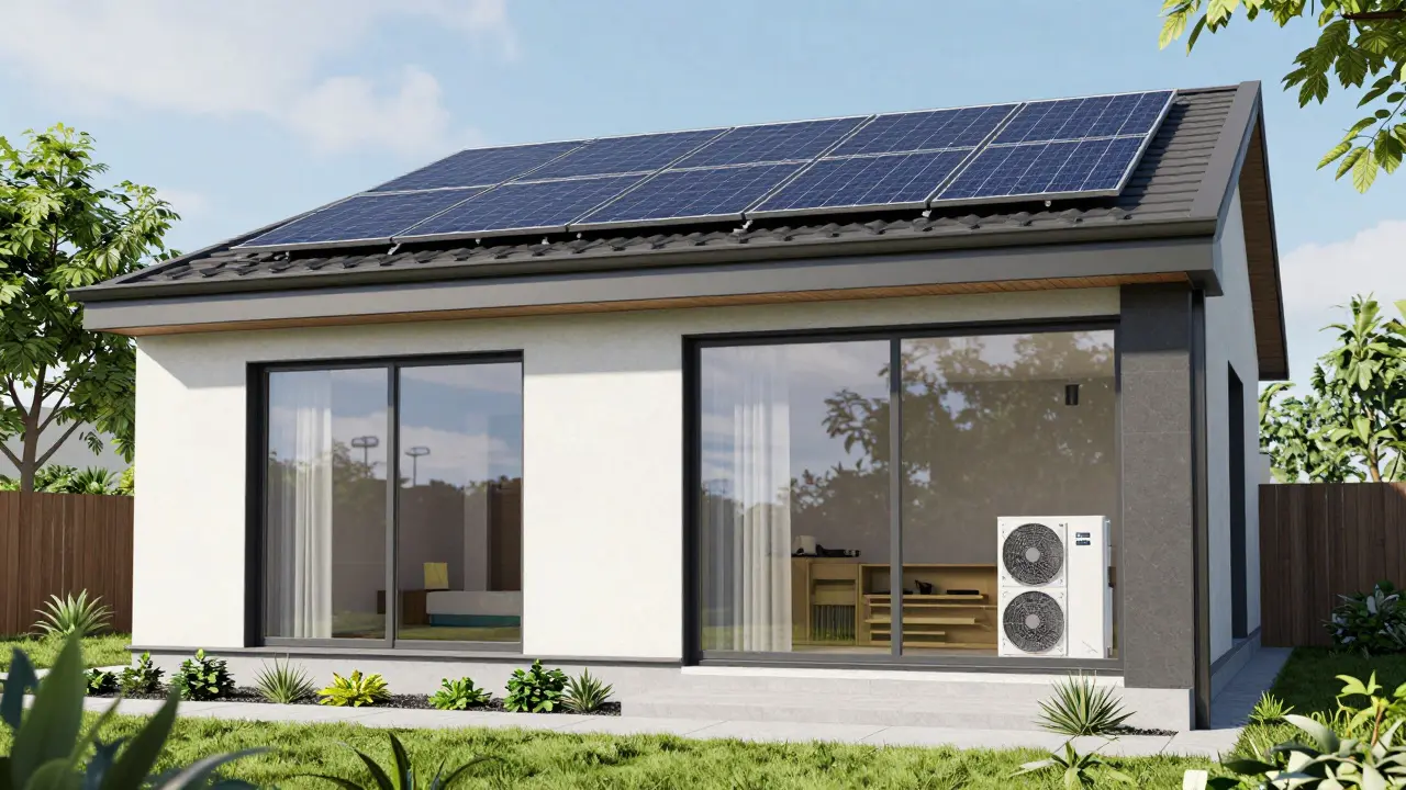 Energieeffizientes Haus mit neuen Fenstern und Solarpanelen.
