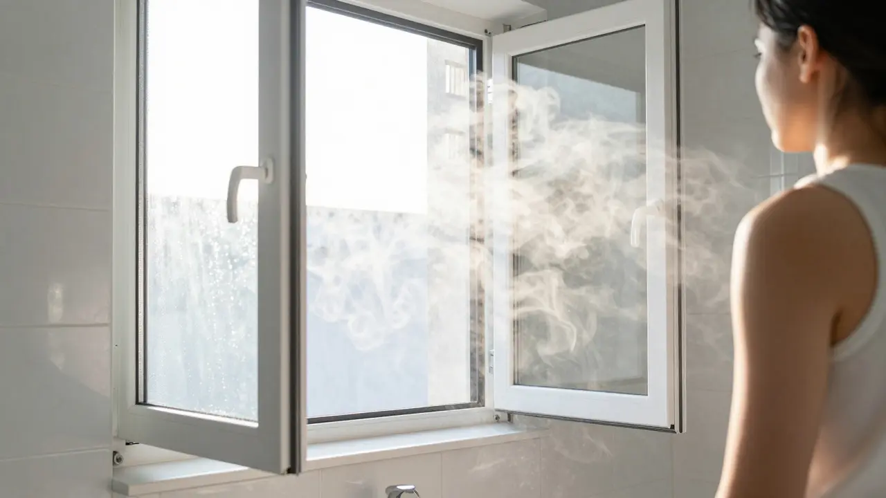 Fenster weit geöffnet zum Stoßlüften im dampfigen Bad