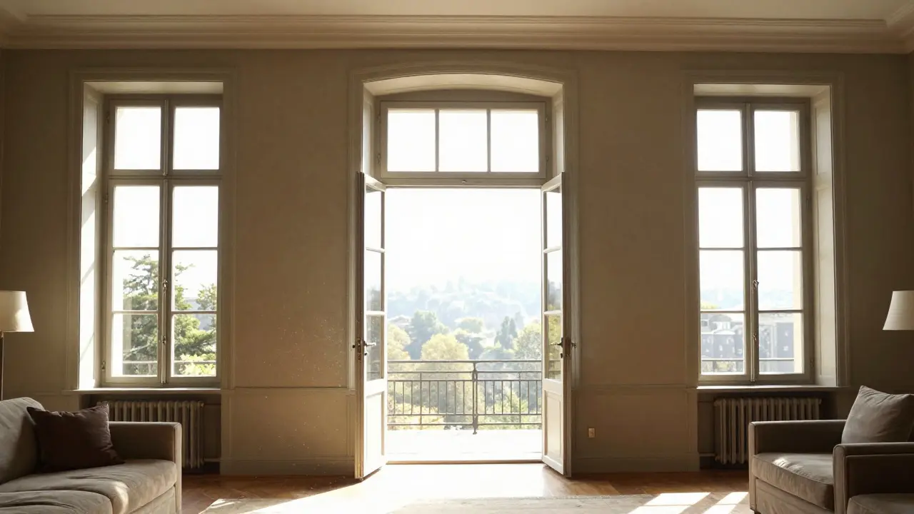 Großes offenes Flügelfenster lässt viel Licht in ein klassisches Wohnzimmer