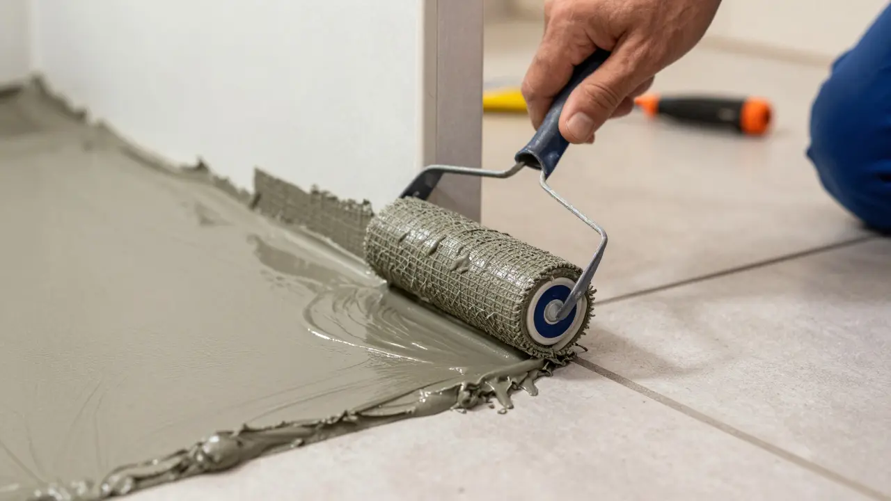 Handwerker trägt Flüssigabdichtung an der Wand-Boden-Ecke auf