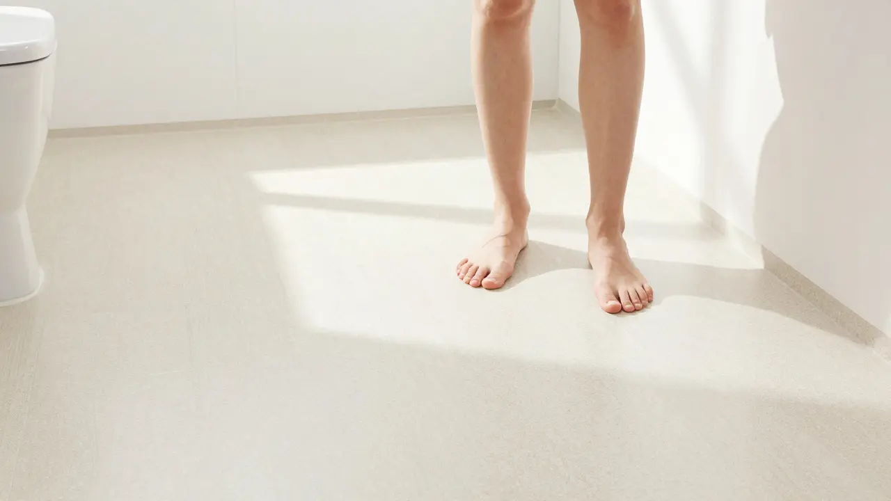 Helles Badezimmer mit wasserfestem Vinylboden und barfüßigen Füßen