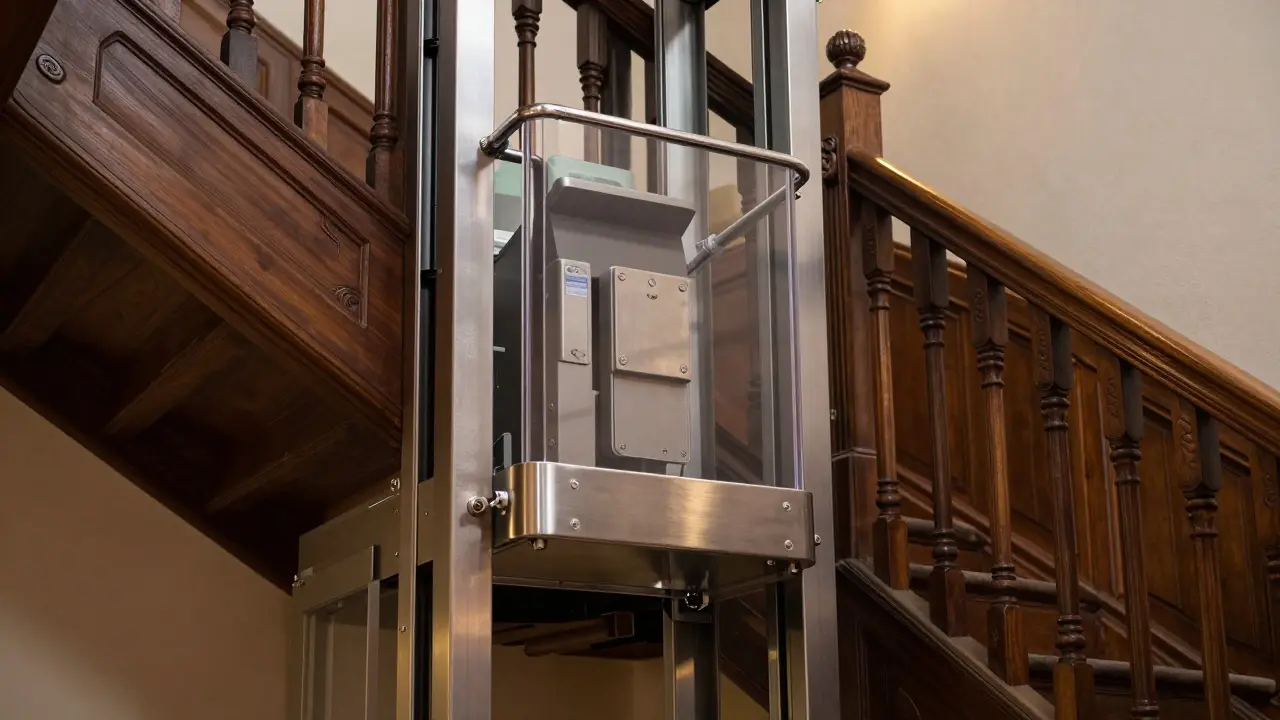 Kompakter Plattformlift in historischer Holztreppe integriert