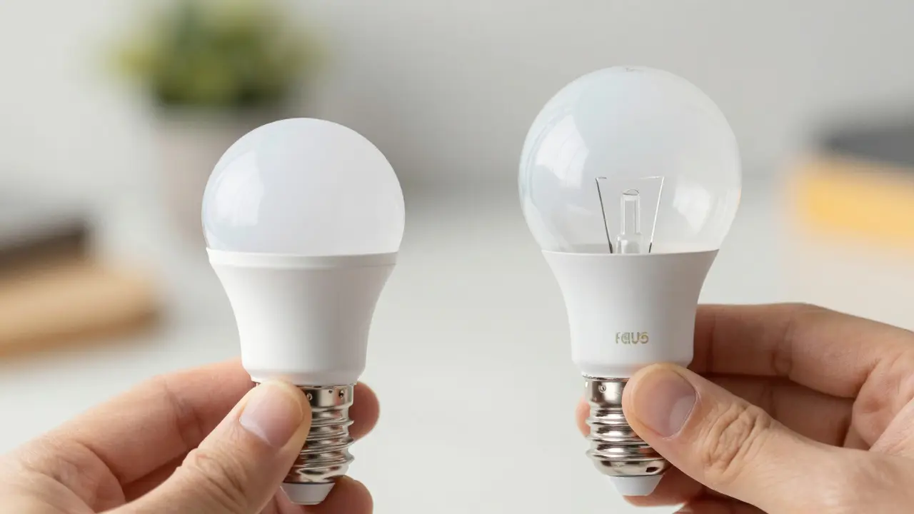 Nahaufnahme einer modernen LED-Lampe neben einer Halogenlampe zur Vergleich