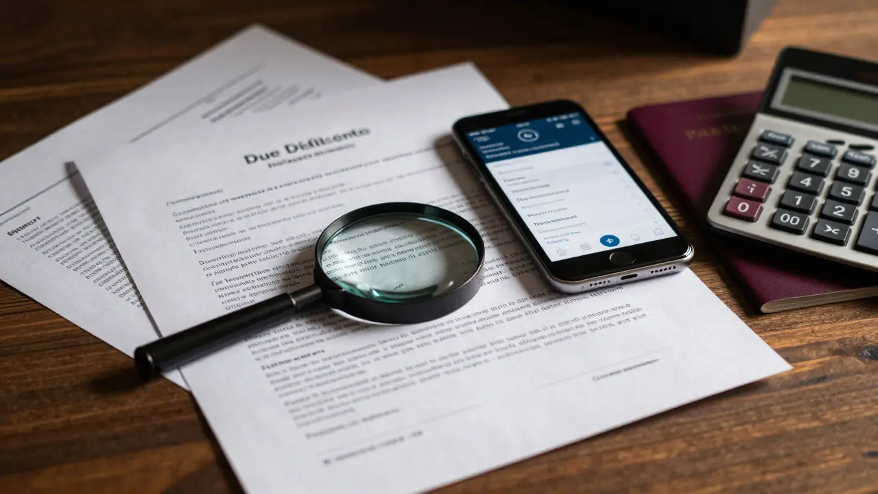 Nahaufnahme von Immobilienverträgen, Lupe und Pass auf einem Schreibtisch