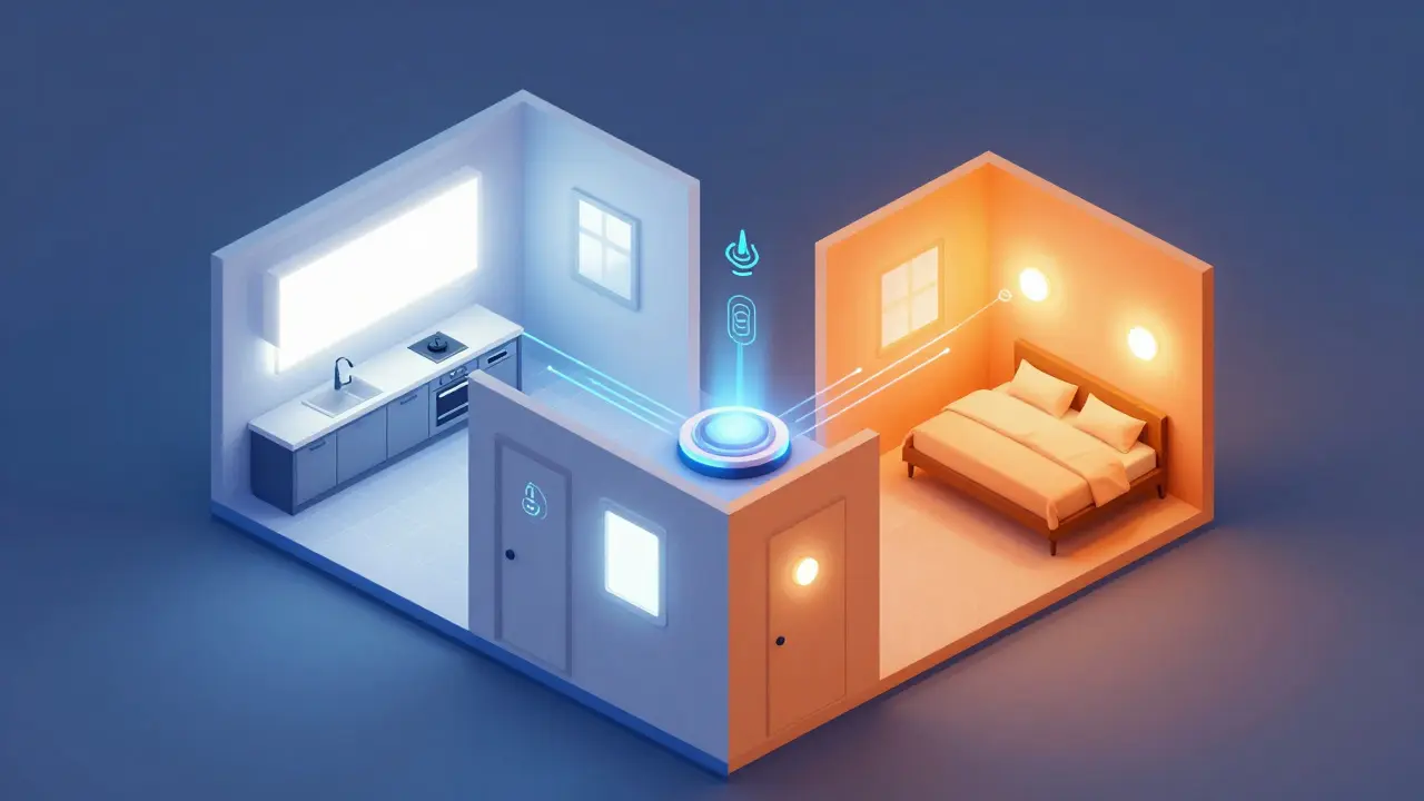 Smart Home Konzept mit vernetzten LEDs und Bewegungsmeldern im Haus