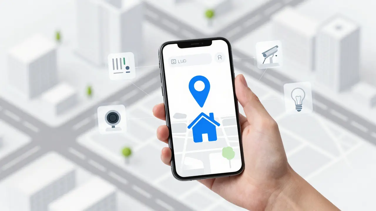 Smartphone mit GPS-Icon und vernetzten Smart Home-Geräten