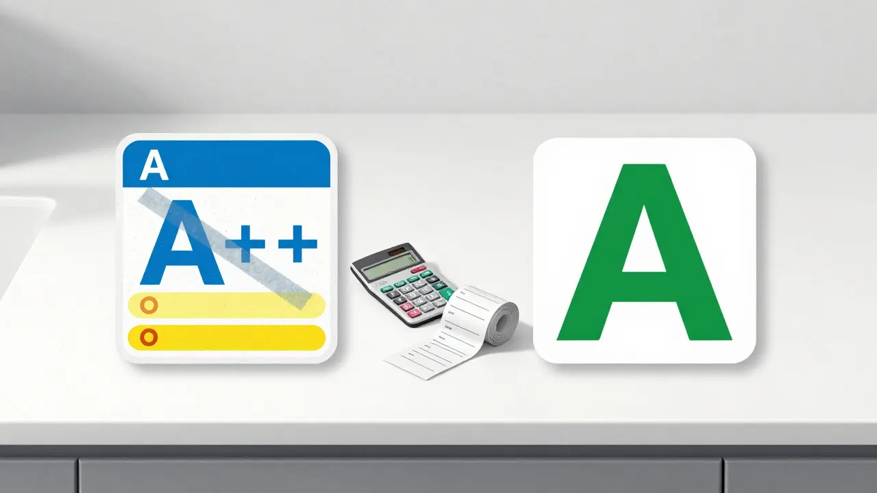 Vergleich von altem und neuem Energielabel auf einer weißen Arbeitsplatte