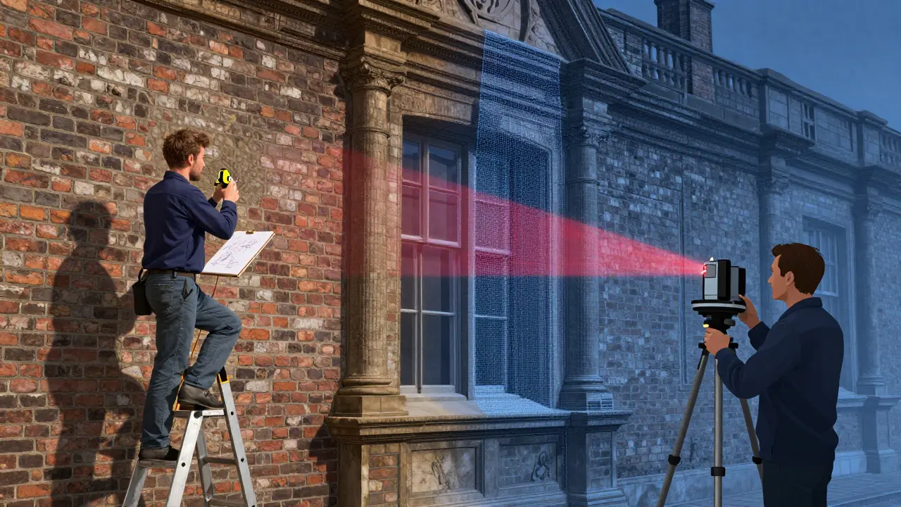 Vergleich von manueller Vermessung und Laserscanning an einer Fassade