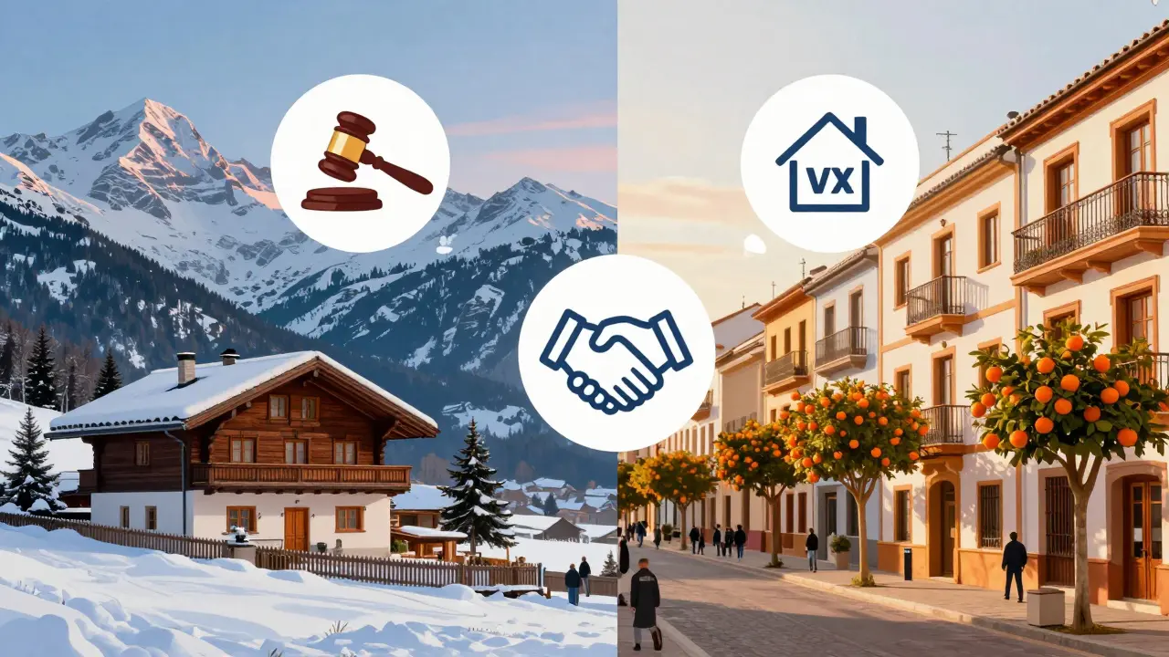 Vergleich zwischen österreichischem Chalet und spanischer Wohnung mit Kosten-Symbolen