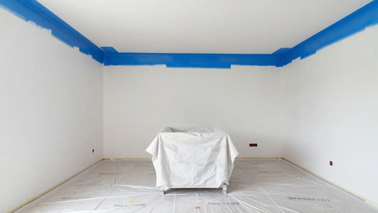 Vorbereiteter Raum mit abgedecktem Boden und abgeklebten Kanten
