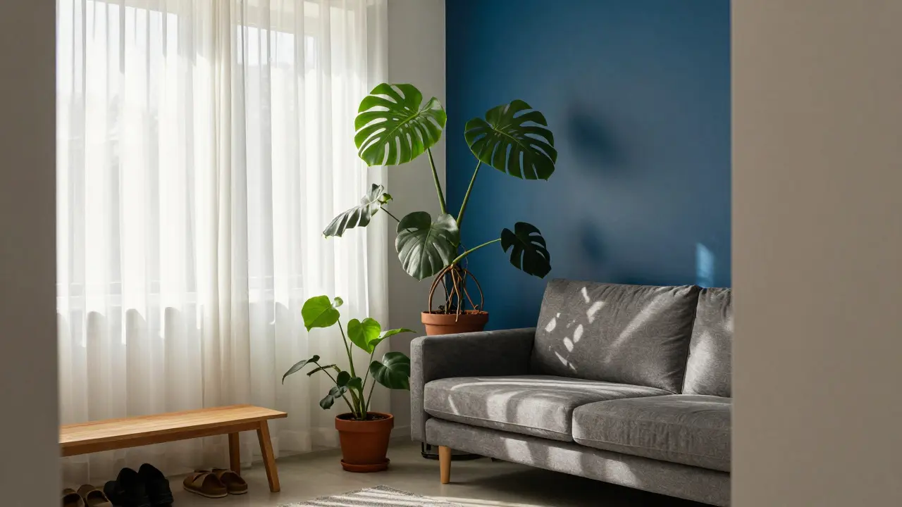 Wohnzimmer mit blauer Akzentwand und großen Zimmerpflanzen
