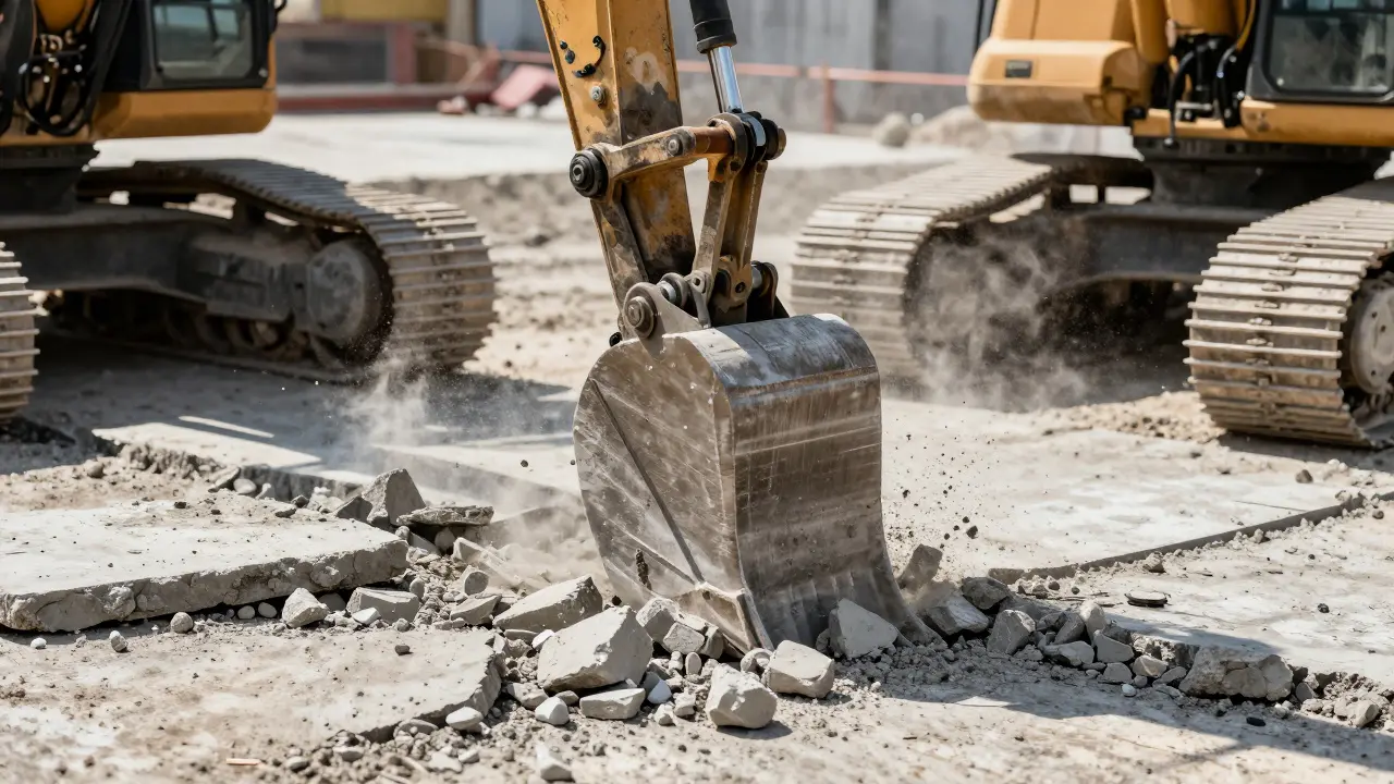 A close-up action shot of a hydraulic hammer attachment on a mini excavator breaking up concrete pavement, with flying debris and dust, under bright daylight.