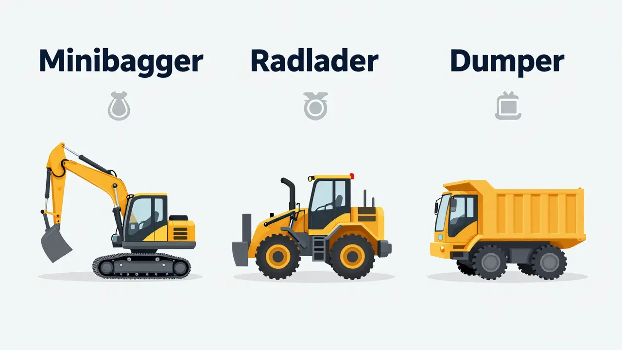 An infographic illustration showing three rental construction machines: mini excavator, wheel loader, and dumper, with German labels and visual indicators for weight and application, on a clean white background.
