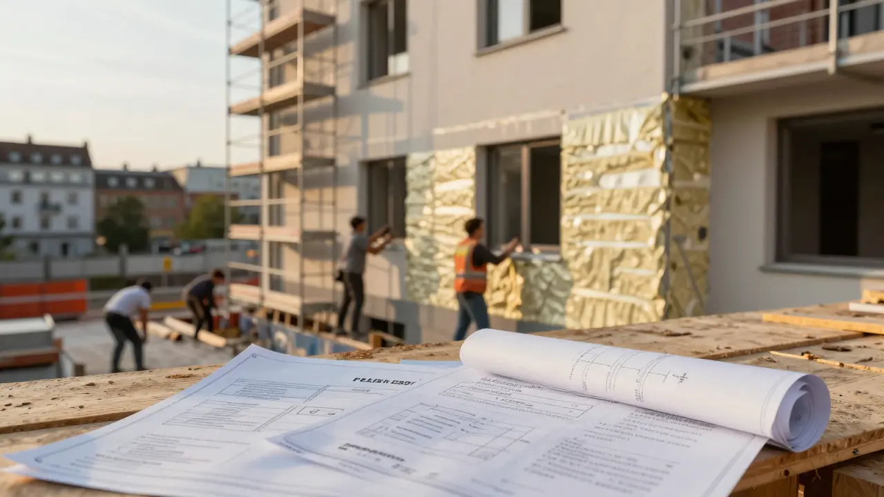 Arbeiter installieren Wärmedämmung an einer Fassade während der Sanierung