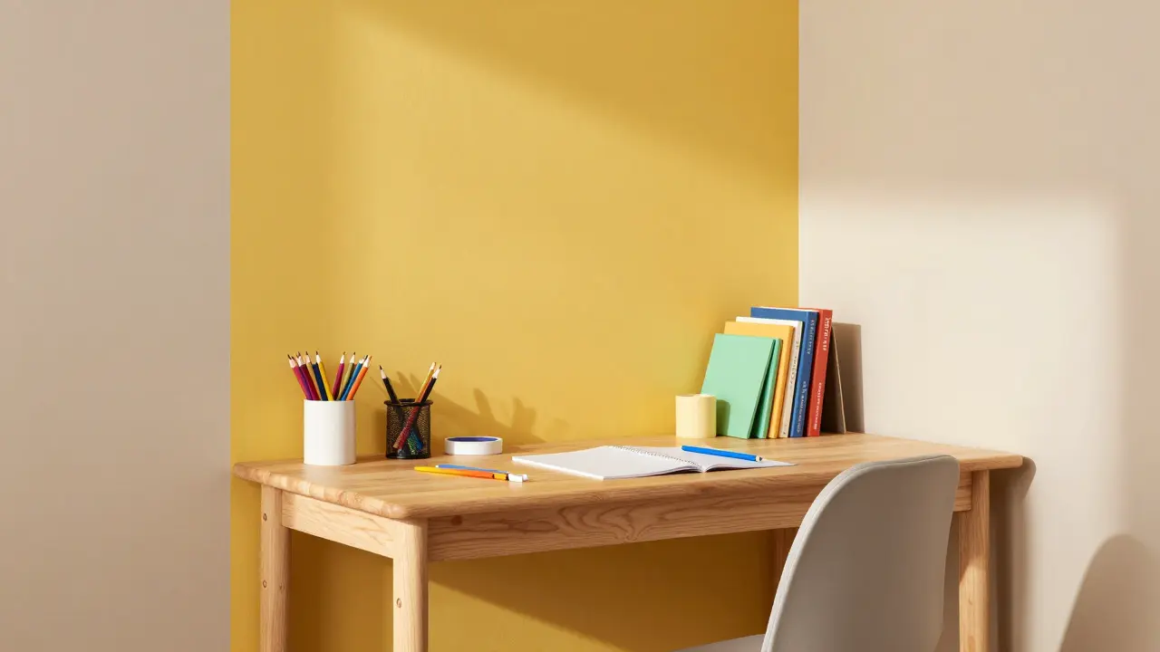 Arbeitsbereich im Kinderzimmer mit gelber Akzentwand für Konzentration