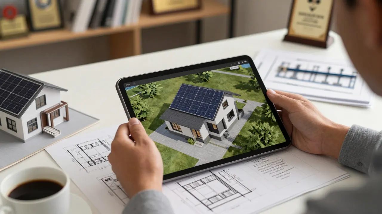 Architekt plant Photovoltaikanlage mit Tablet und Bauplänen am Schreibtisch