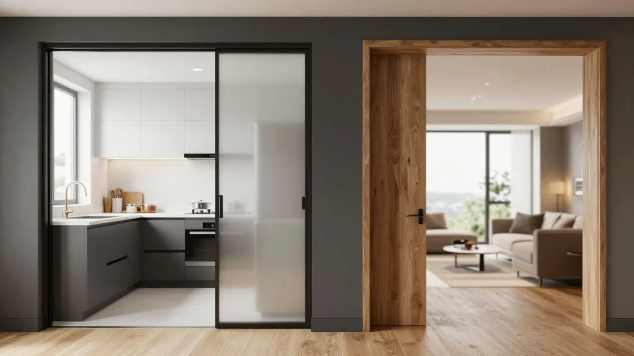 Architekturvisualisierung: Flexible Trennung zwischen Küche und Wohnraum